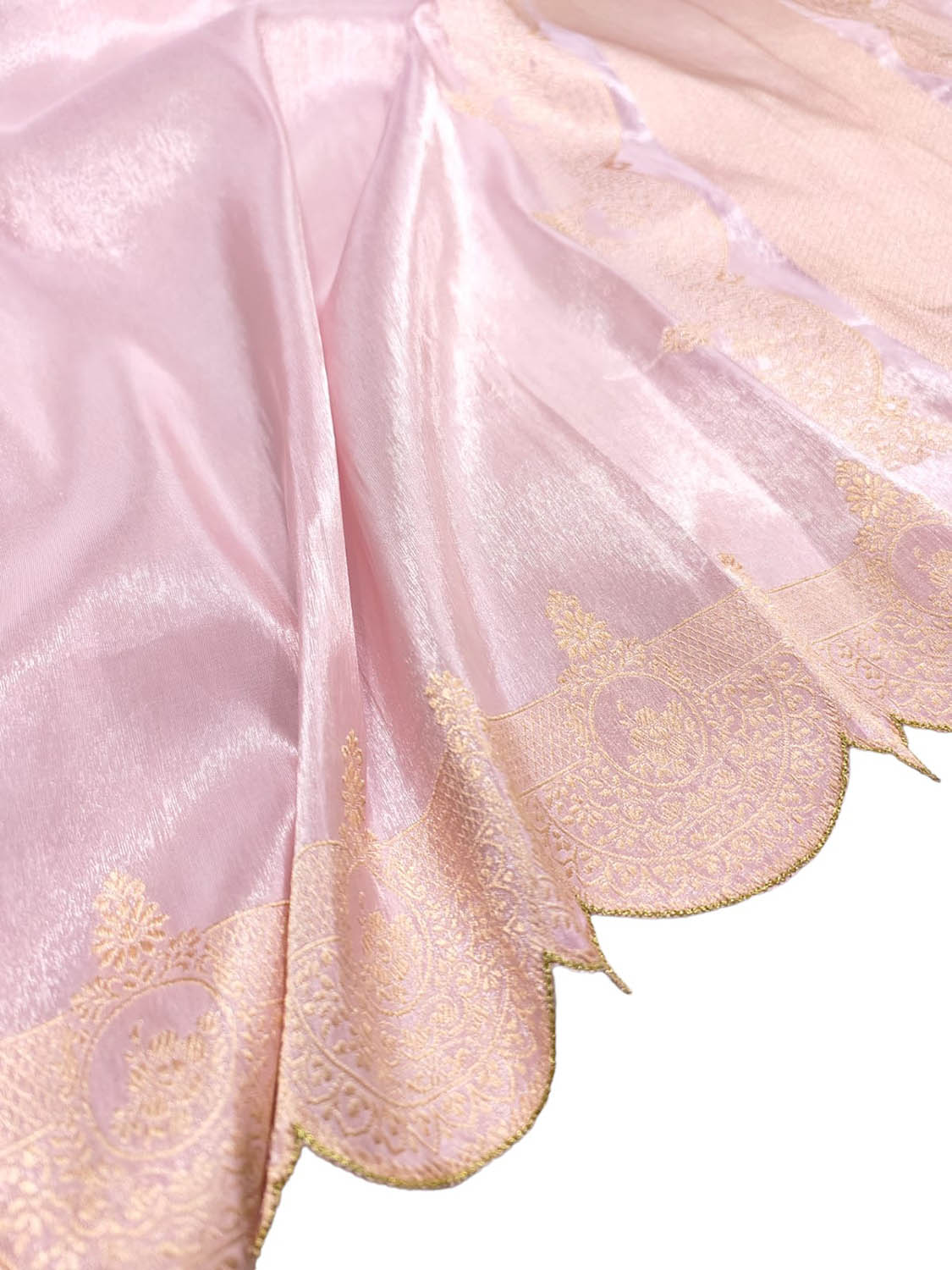 Pink Handloom Banarasi Pure Tissue Katan Silk Scalloped Border Saree - Luxurion World