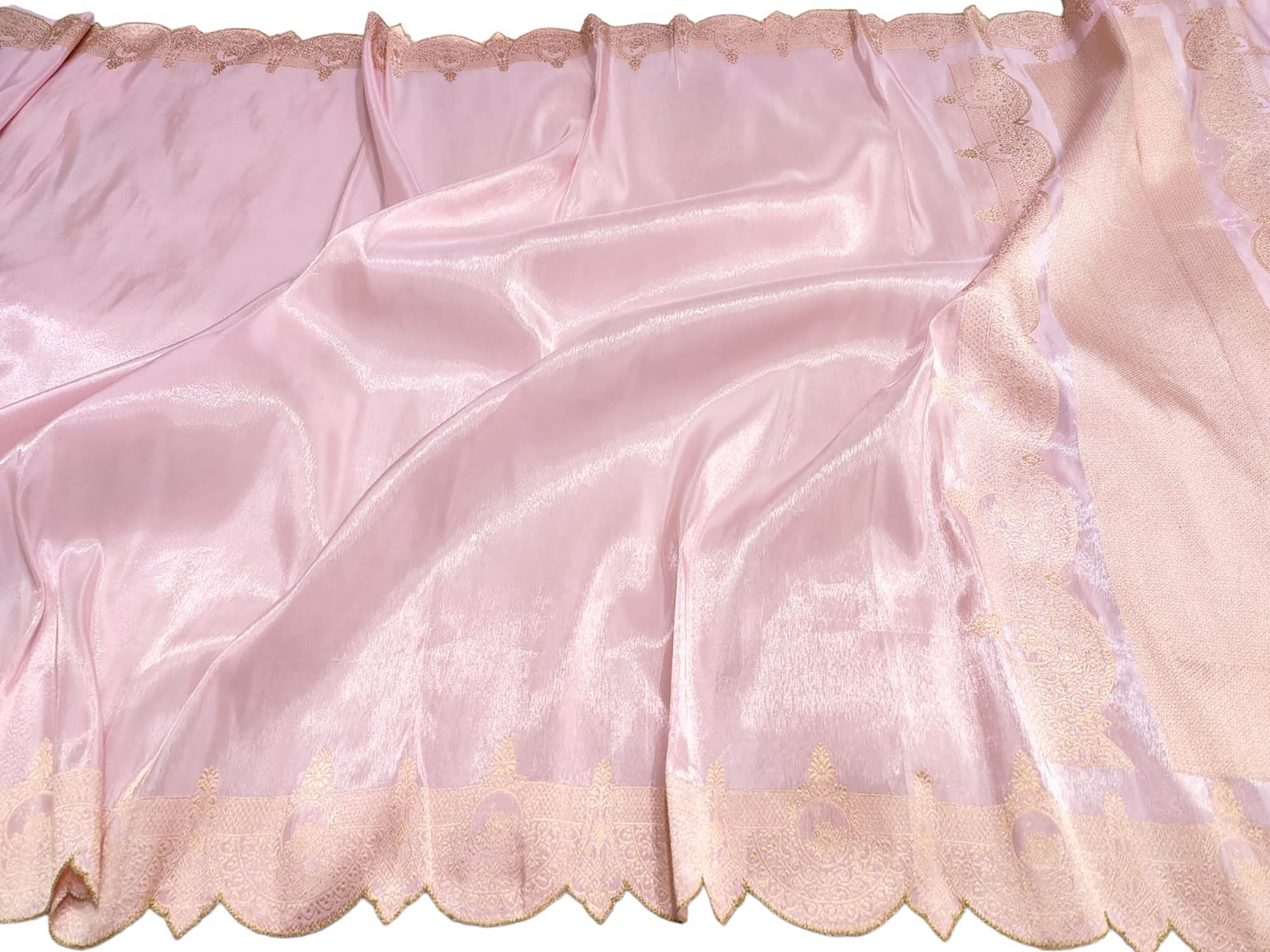 Pink Handloom Banarasi Pure Tissue Katan Silk Scalloped Border Saree - Luxurion World