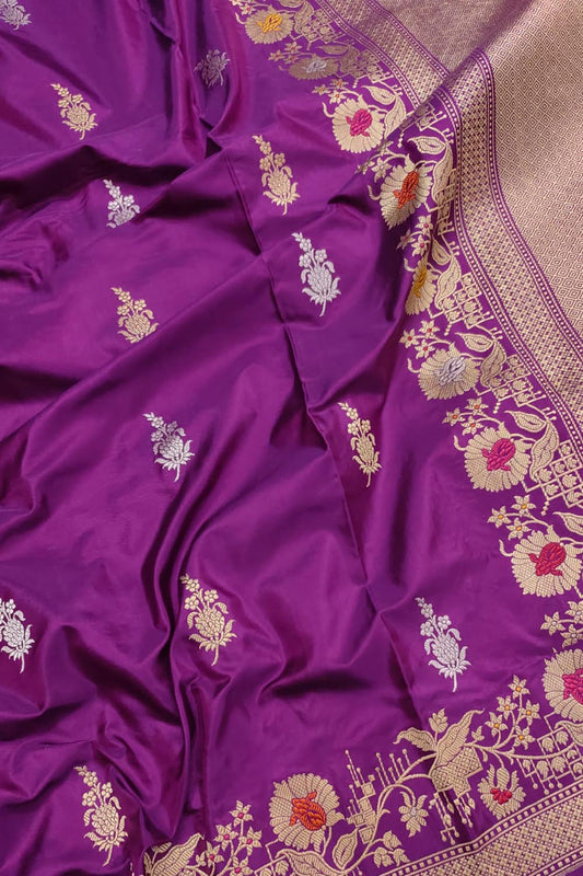 Purple Banarasi Handloom Pure Katan Silk Kadwa Meenakari Saree - Luxurion World