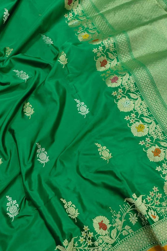 Green Banarasi Handloom Pure Katan Silk Kadwa Meenakari Saree - Luxurion World