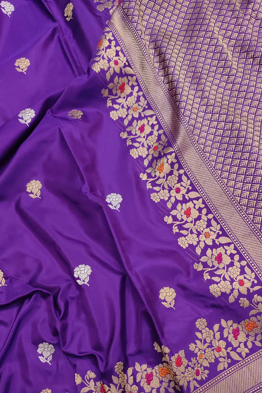 Purple Banarasi Handloom Pure Katan Silk Kadwa Meenakari Saree - Luxurion World