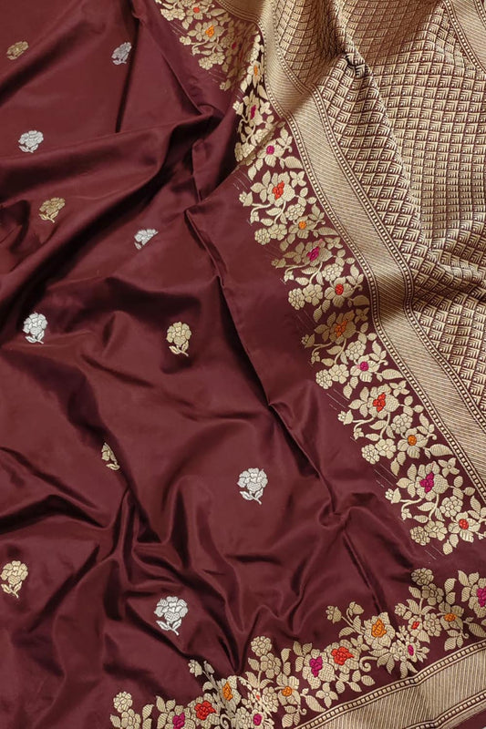 Brown Banarasi Handloom Pure Katan Silk Kadwa Meenakari Saree