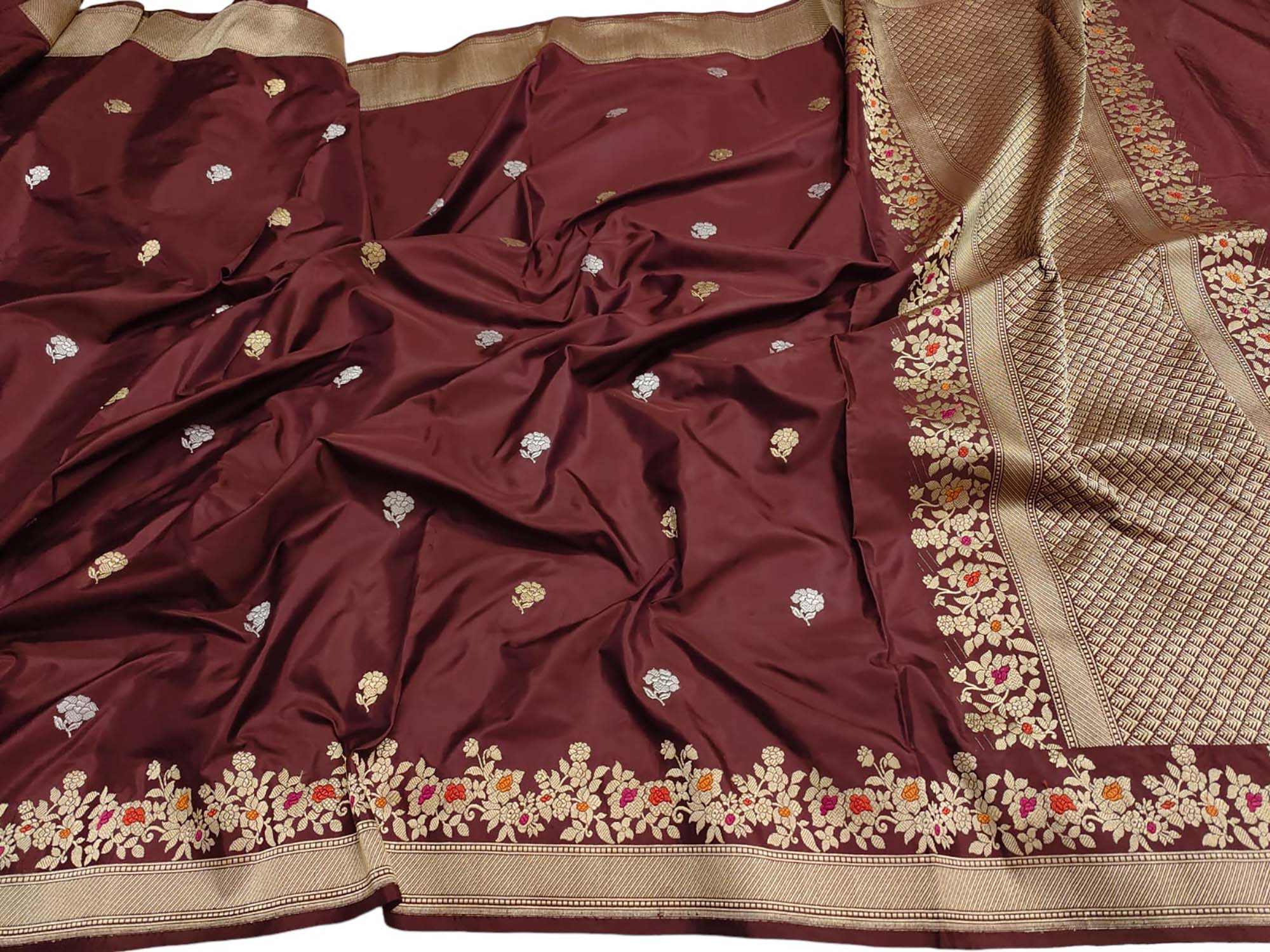 Brown Banarasi Handloom Pure Katan Silk Kadwa Meenakari Saree - Luxurion World