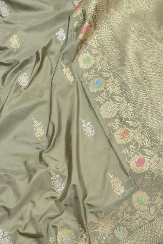 Grey Banarasi Handloom Pure Katan Silk Kadwa Meenakari Saree - Luxurion World