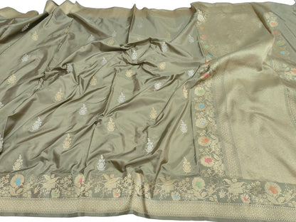 Grey Banarasi Handloom Pure Katan Silk Kadwa Meenakari Saree - Luxurion World