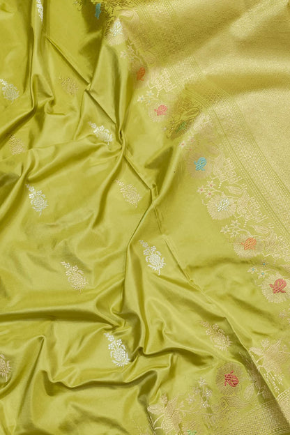 Green Banarasi Handloom Pure Katan Silk Kadwa Meenakari Saree - Luxurion World