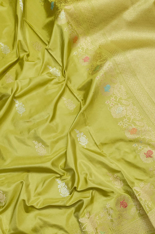 Green Banarasi Handloom Pure Katan Silk Kadwa Meenakari Saree - Luxurion World