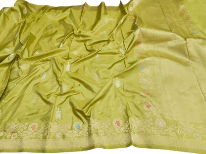 Green Banarasi Handloom Pure Katan Silk Kadwa Meenakari Saree - Luxurion World