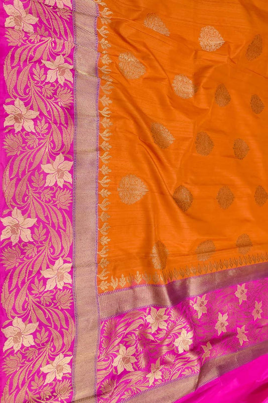 Orange Banarasi Handloom Pure Tussar Dupion Silk Saree - Luxurion World