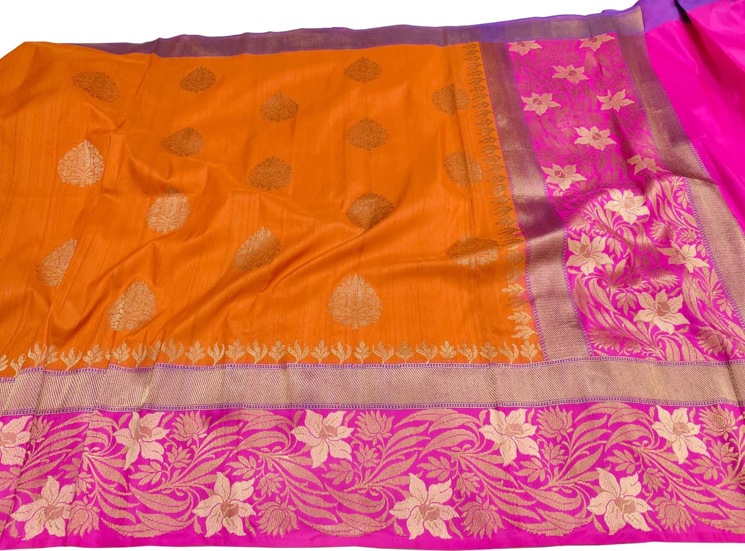 Orange Banarasi Handloom Pure Tussar Dupion Silk Saree - Luxurion World