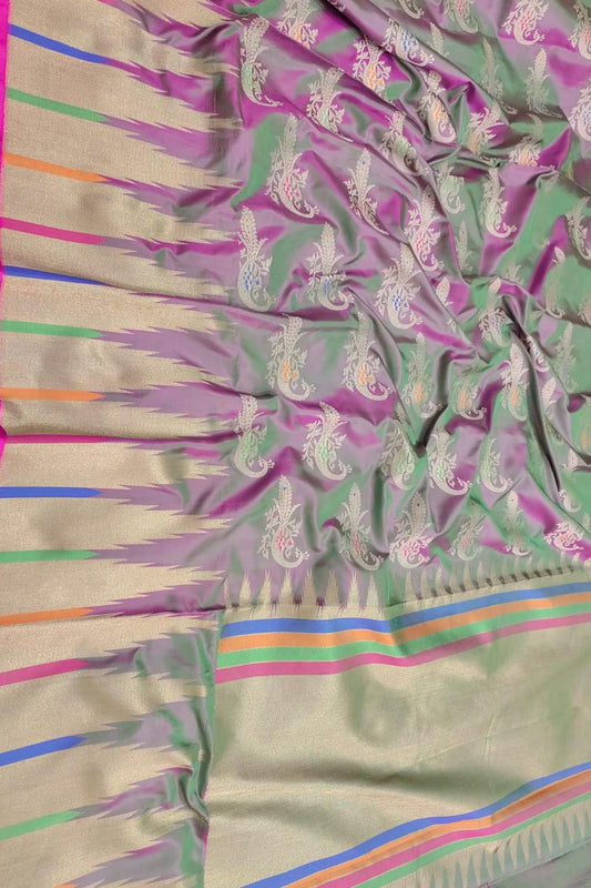 Purple And Green Shot Banarasi Handloom Pure Katan Silk Saree - Luxurion World