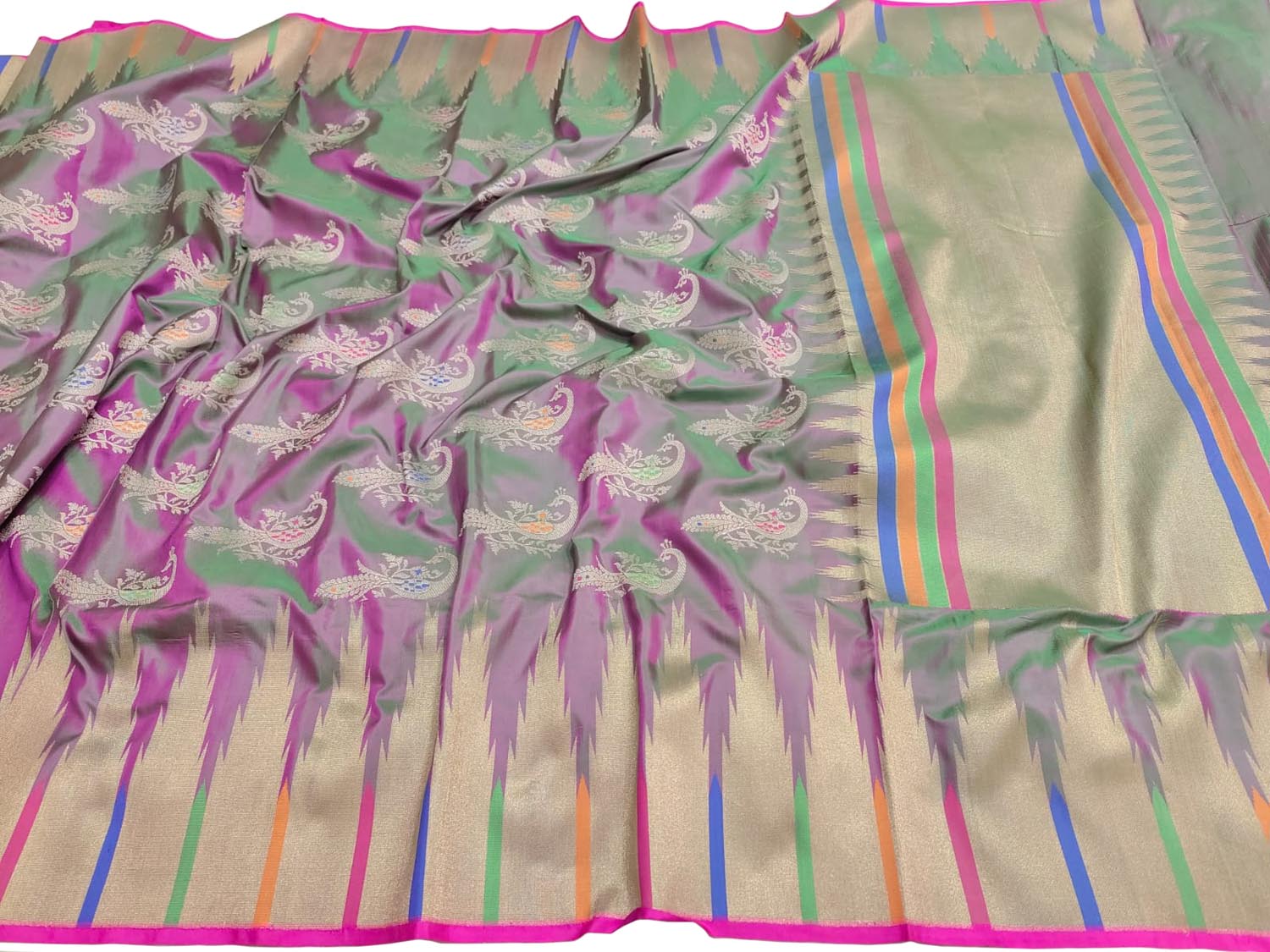 Purple And Green Shot Banarasi Handloom Pure Katan Silk Saree - Luxurion World