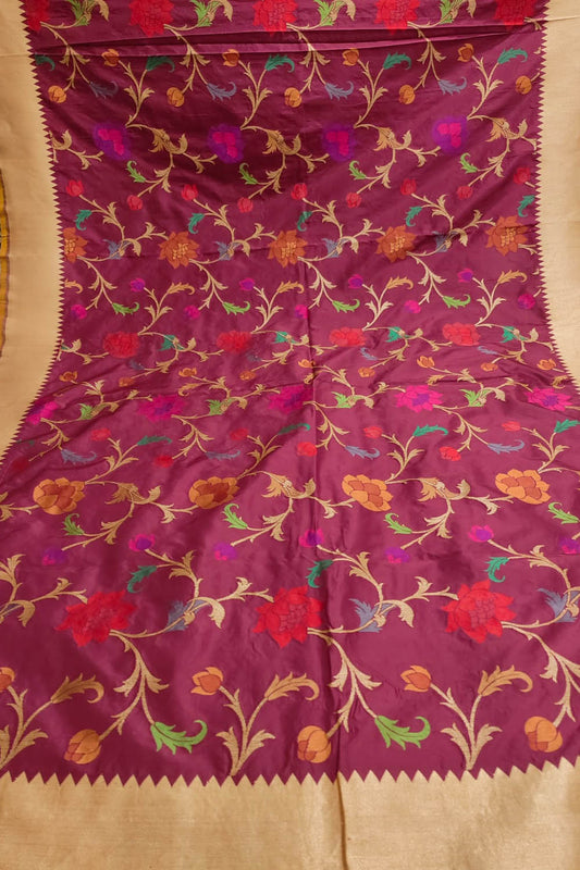 Maroon Banarasi Handloom Pure Katan Silk Meenakari Saree - Luxurion World