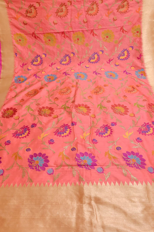 Pink Banarasi Handloom Pure Katan Silk Meenakari Saree - Luxurion World