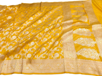 Yellow Banarasi Handloom Pure Katan Silk Saree - Luxurion World