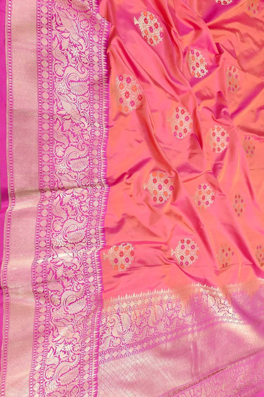 Pink And Orange Banarasi Handloom Pure Katan Silk Saree - Luxurion World