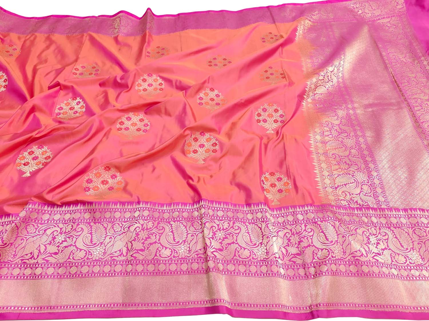 Pink And Orange Banarasi Handloom Pure Katan Silk Saree - Luxurion World