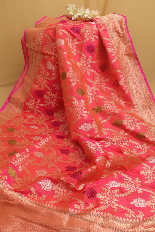 Pink Banarasi Handloom Pure Katan Silk Saree - Luxurion World