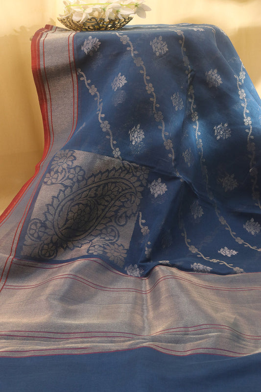 Blue Banarasi Handloom Pure Cotton Saree - Luxurion World