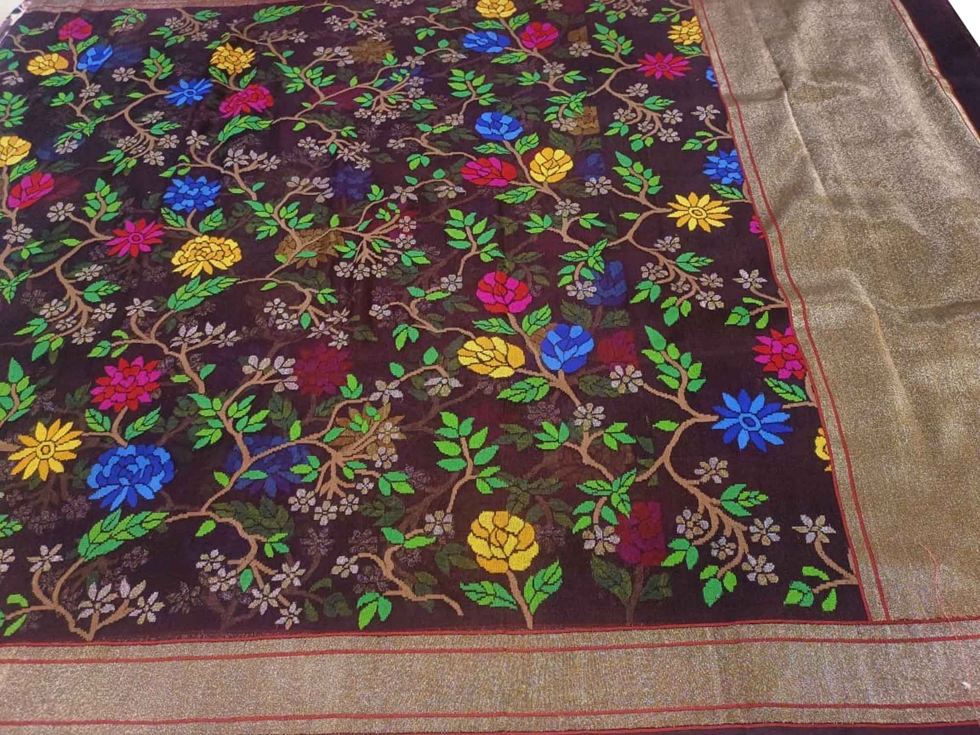 Brown - Handloom Cotton Phulia Jamdani Saree with Tassels 17