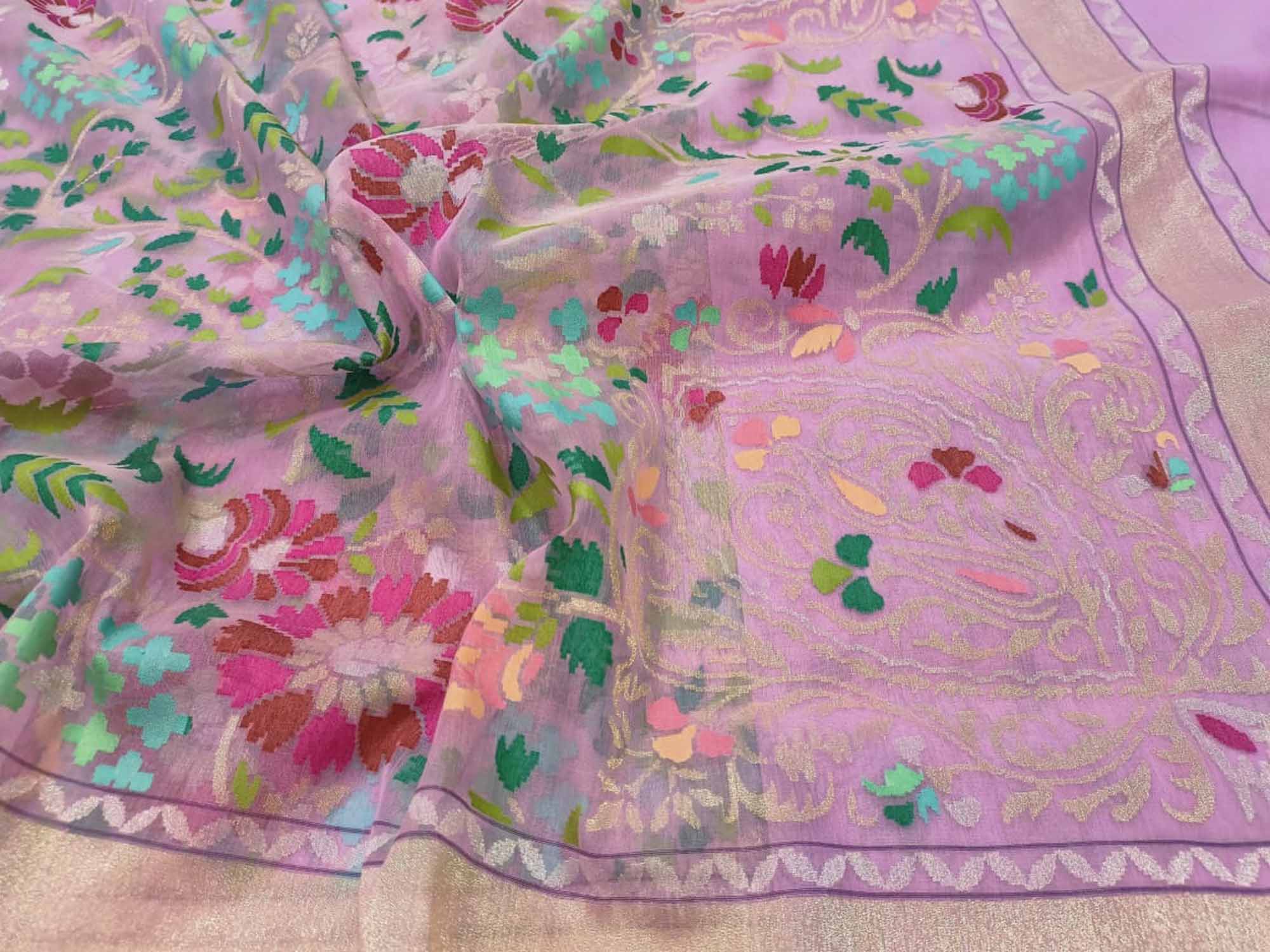 Exquisite Pink Handloom Kora Silk Jamdani Saree - Luxurion World