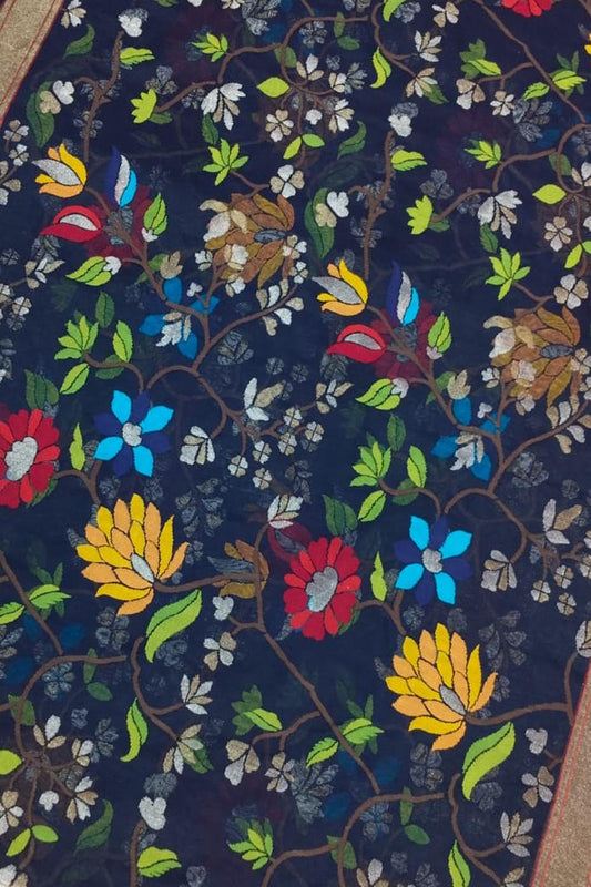 Blue Handloom Tissue Jamdani Saree with Real Zari - Luxurion World