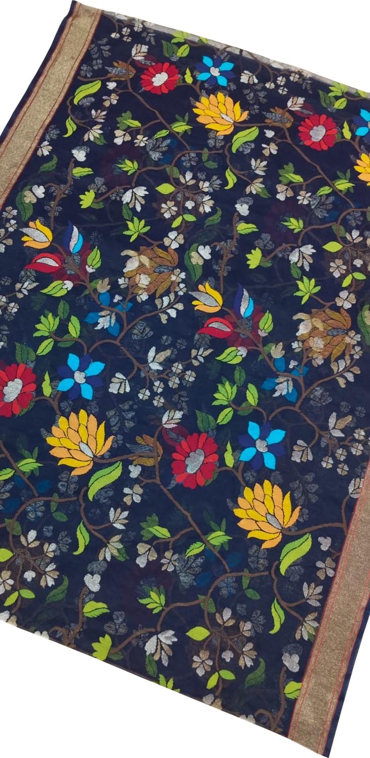 Blue Handloom Tissue Jamdani Saree with Real Zari - Luxurion World