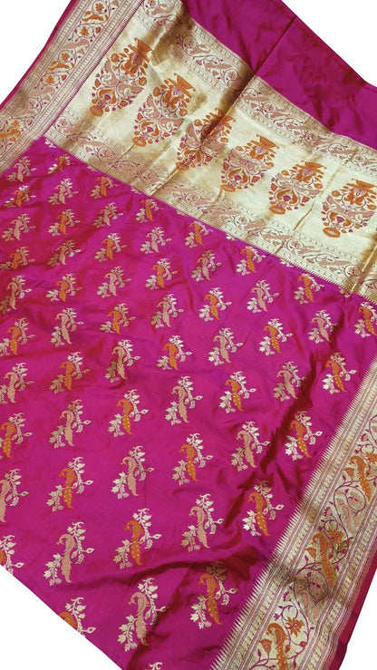 Pink Banarasi Handloom Pure Katan Silk Saree - Luxurion World
