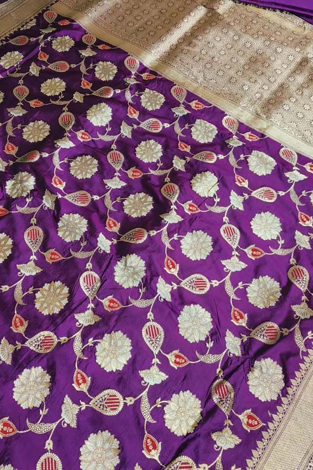 Purple Banarasi Handloom Pure Katan Silk Saree - Luxurion World