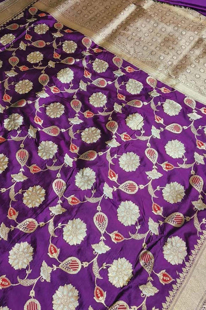 Purple Banarasi Handloom Pure Katan Silk Saree - Luxurion World