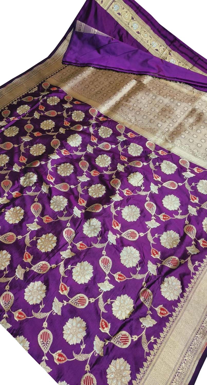 Purple Banarasi Handloom Pure Katan Silk Saree - Luxurion World