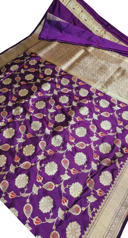 Purple Banarasi Handloom Pure Katan Silk Saree - Luxurion World