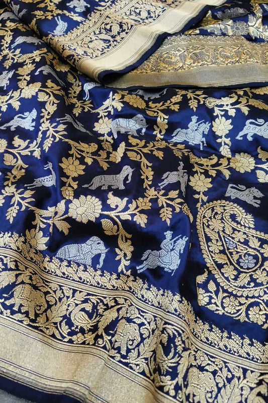 Blue Banarasi Handloom Pure Katan Silk Shikargah Design Saree - Luxurion World