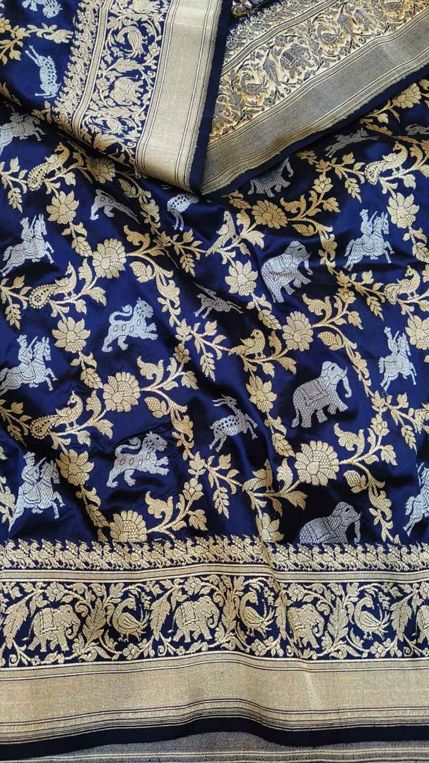 Blue Banarasi Handloom Pure Katan Silk Shikargah Design Saree - Luxurion World