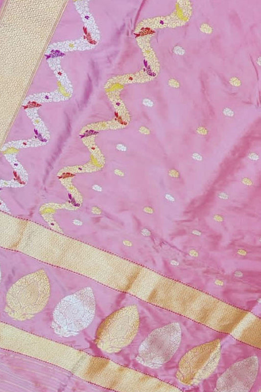 Pink Banarasi Handloom Pure Katan Silk Meenakari Saree - Luxurion World