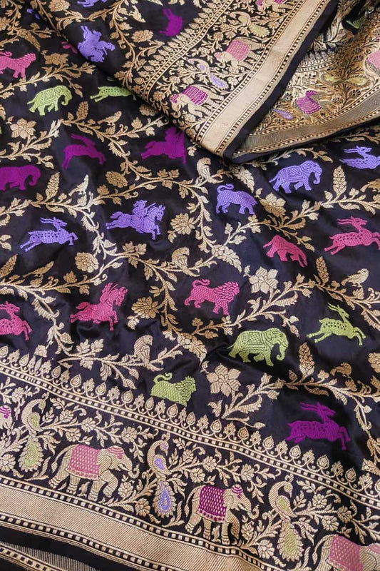 Black Banarasi Handloom Pure Katan Silk Shikargah Design Saree - Luxurion World