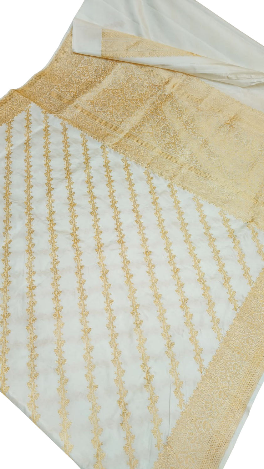 Off White Banarasi Handloom Pure Katan Silk Kadwa Weaved Stripes Design Saree - Luxurion World