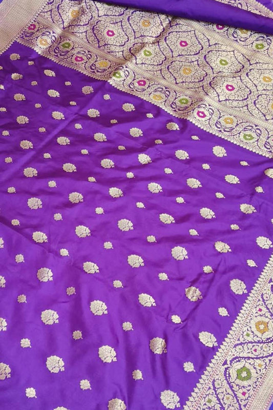 Purple Banarasi Handloom Pure Katan Silk Kadwa Weaved Meenakari Saree - Luxurion World