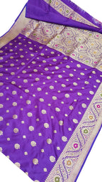 Purple Banarasi Handloom Pure Katan Silk Kadwa Weaved Meenakari Saree - Luxurion World