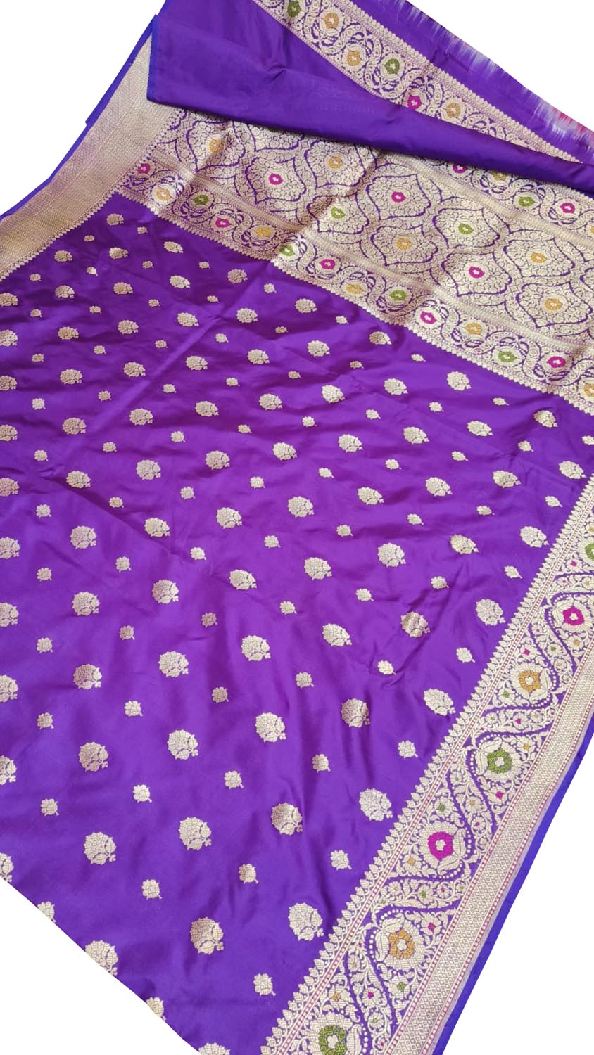 Purple Banarasi Handloom Pure Katan Silk Kadwa Weaved Meenakari Saree - Luxurion World