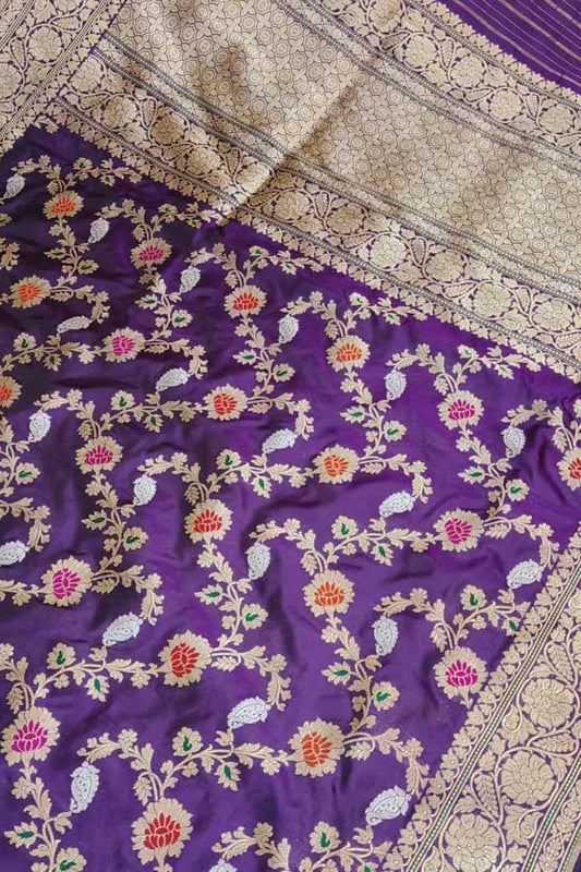 Purple Banarasi Handloom Pure Katan Silk Kadwa Weaved Meenakari Saree - Luxurion World