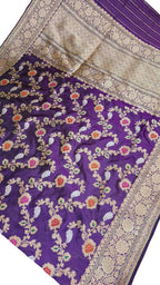 Purple Banarasi Handloom Pure Katan Silk Kadwa Weaved Meenakari Saree - Luxurion World