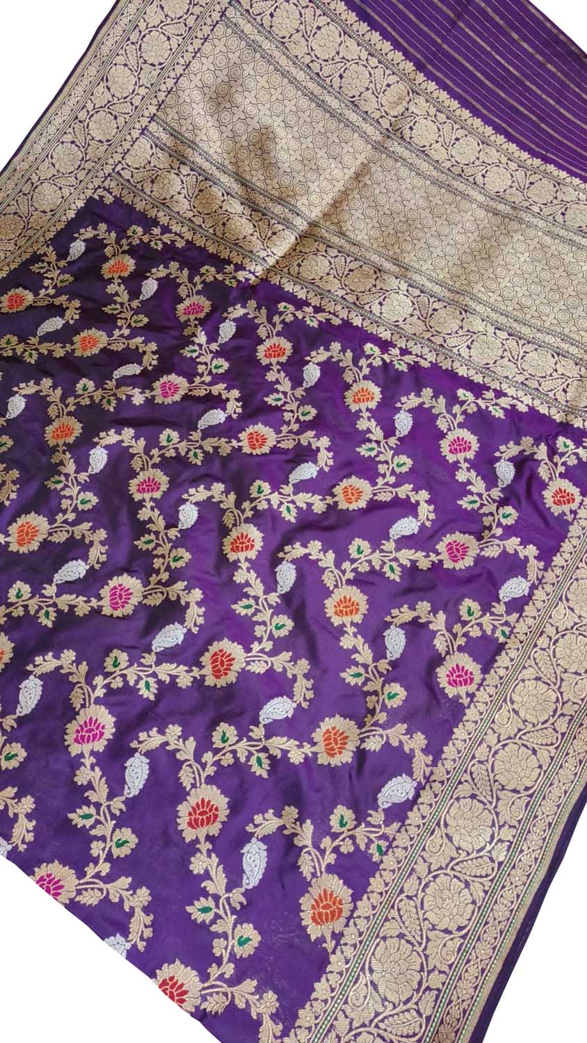 Purple Banarasi Handloom Pure Katan Silk Kadwa Weaved Meenakari Saree - Luxurion World