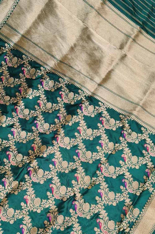Green Banarasi Handloom Pure Katan Silk Kadwa Weaved Peacock And Parrot Design Saree - Luxurion World