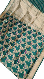 Green Banarasi Handloom Pure Katan Silk Kadwa Weaved Peacock And Parrot Design Saree - Luxurion World