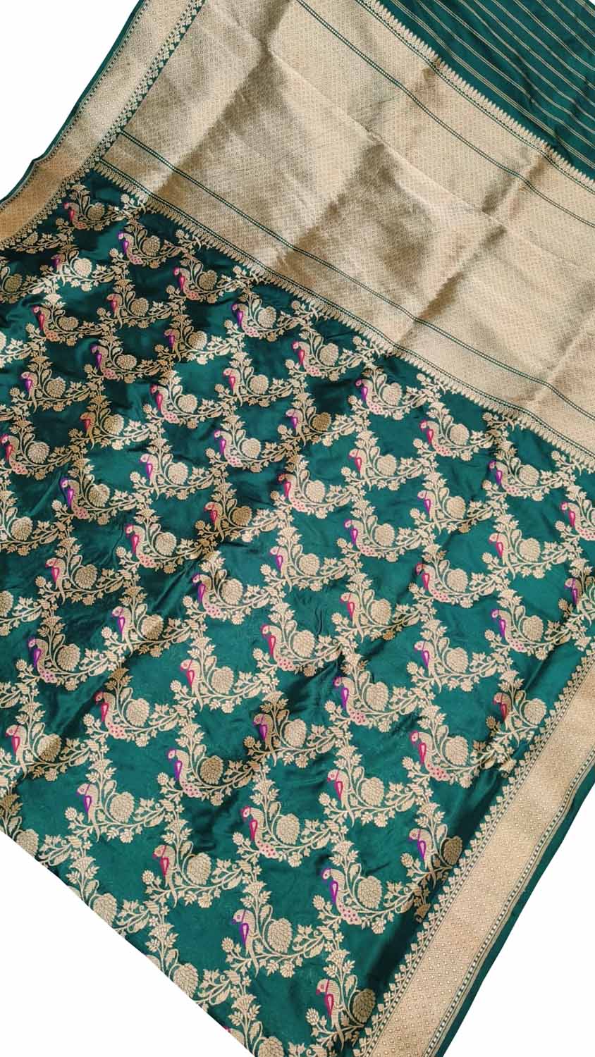 Green Banarasi Handloom Pure Katan Silk Kadwa Weaved Peacock And Parrot Design Saree - Luxurion World