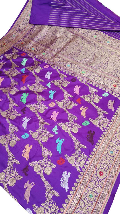 Purple Banarasi Handloom Pure Katan Silk Kadwa Weaved Shikargah Design Saree - Luxurion World