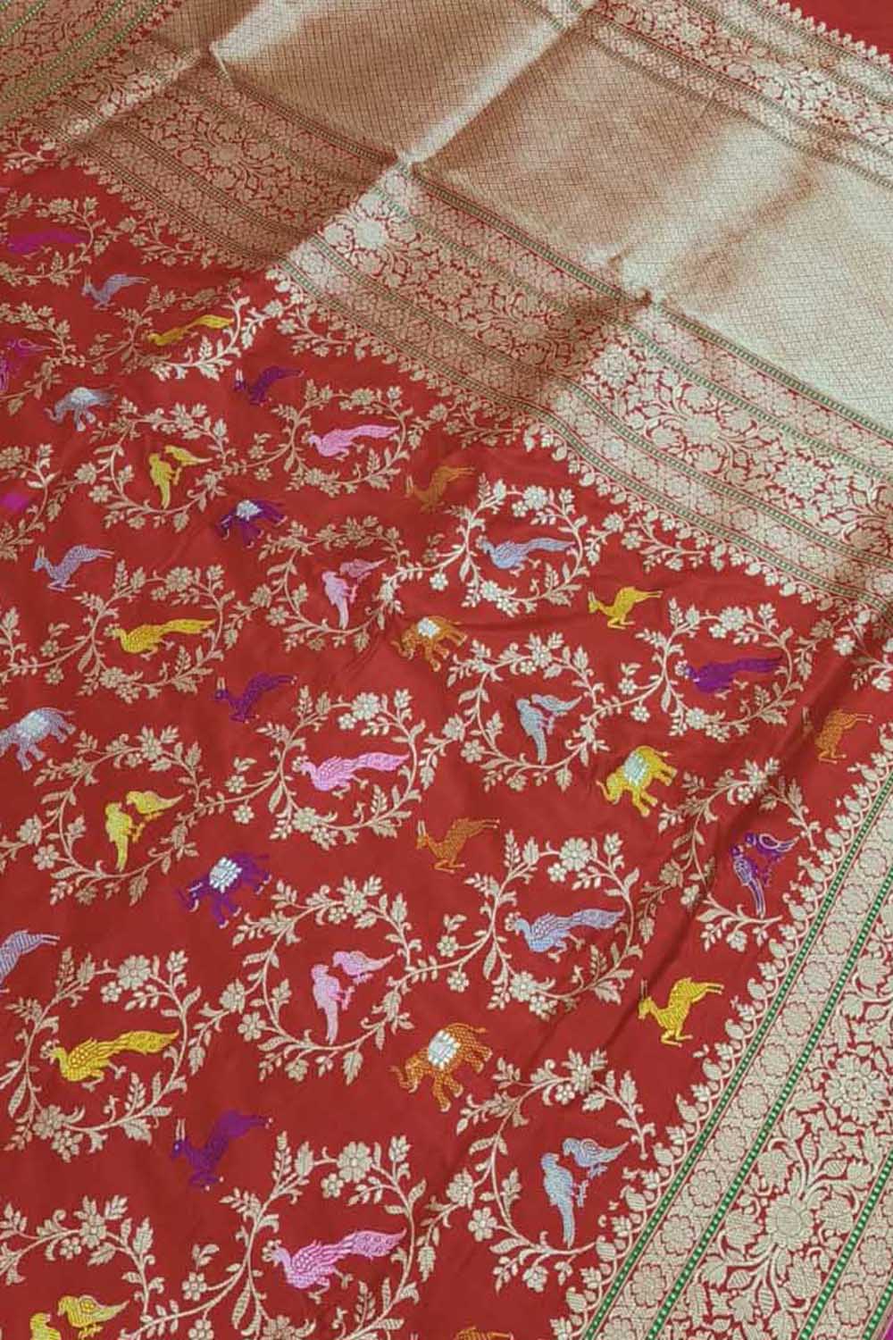 Red Banarasi Handloom Pure Katan Silk Shikargha Design Meenakari Saree - Luxurion World
