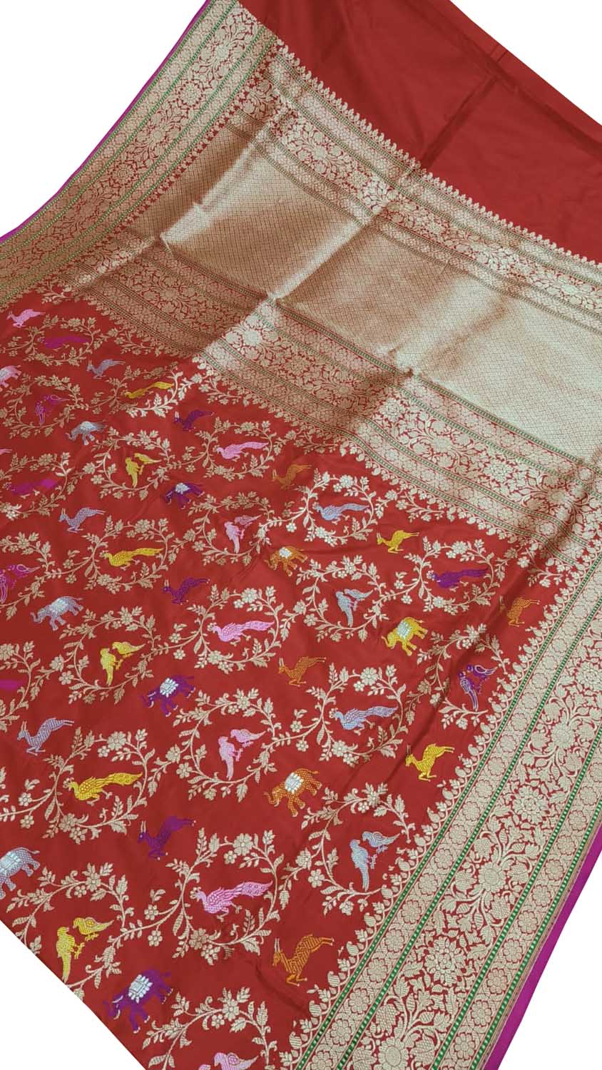 Red Banarasi Handloom Pure Katan Silk Shikargha Design Meenakari Saree - Luxurion World