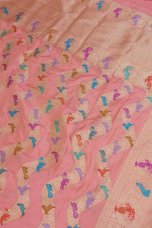 Pink Banarasi Handloom Pure Katan Silk Shikargha Design Meenakari Saree - Luxurion World